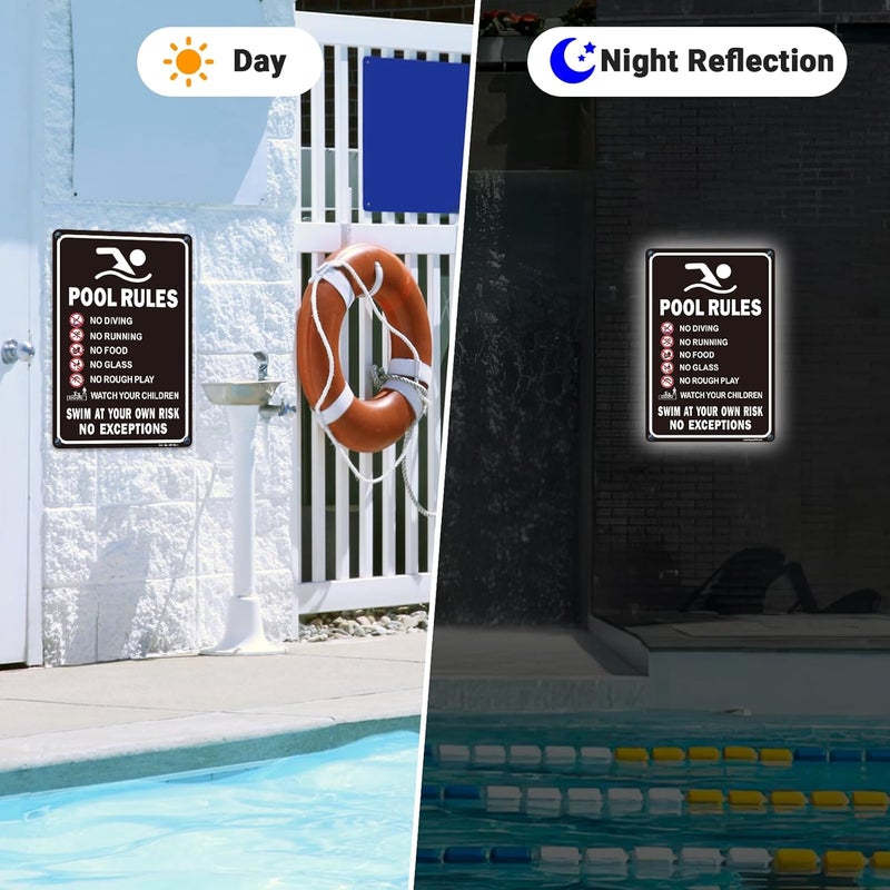 DazhiSigns Pool Rules Sign, No Diving No Running No Food No Glass No Rough Play Signs, Swim at Your Own Risk Sign, 12"x8" Rust Free Reflective Aluminum, Fade/Weather Resistant, UV Protected, Easy to Mount - Image 5